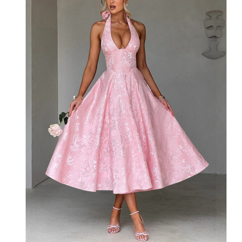V-Neck Halter Sleeveless Jacquard Tie-Waist Maxi Dress
