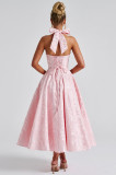 V-Neck Halter Sleeveless Jacquard Tie-Waist Maxi Dress