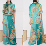 Floral Satin Short Sleeve Shirt & Casual Long Pants Set