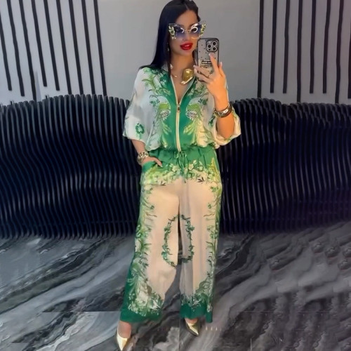 Floral Print Baseball Jersey & Drawstring Pants 2-Piece Set