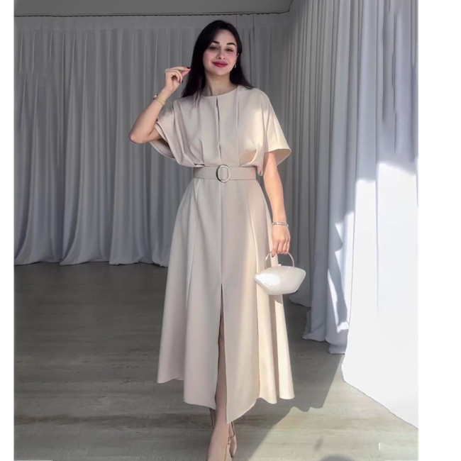 Solid Color Short Sleeve T-Shirt Dress with Belt