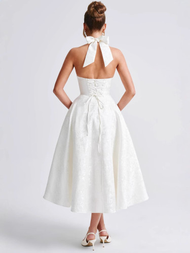 V-Neck Halter Sleeveless Jacquard Tie-Waist Maxi Dress