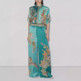 Floral Satin Short Sleeve Shirt & Casual Long Pants Set
