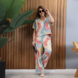 Colorful Print Loose Short-Sleeve Top & Wide-Leg Pants Two-Piece Set