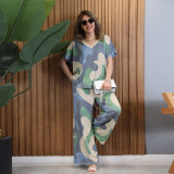 Colorful Print Loose Short-Sleeve Top & Wide-Leg Pants Two-Piece Set