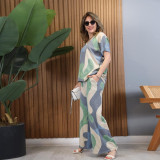 Colorful Print Loose Short-Sleeve Top & Wide-Leg Pants Two-Piece Set
