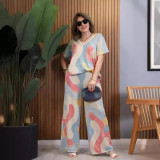 Colorful Print Loose Short-Sleeve Top & Wide-Leg Pants Two-Piece Set