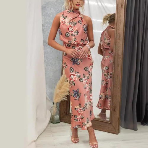 Sleeveless Halter Floral Satin Dress
