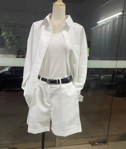 Solid Color Casual Long-Sleeve Shirt & Belt Shorts Set for Women