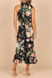 Sleeveless Halter Floral Satin Dress