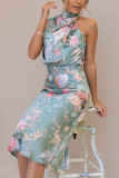 Sleeveless Halter Floral Satin Dress