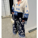 Bohemian Print Loose Long-Sleeve Top & Wide-Leg Pants Two-Piece Set