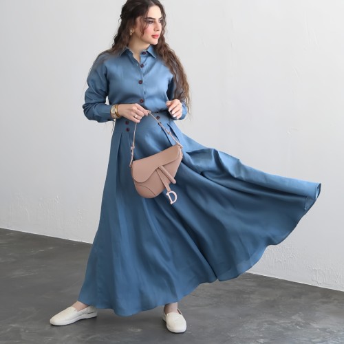 Solid Color Loose Long-Sleeve Shirt & Midi Skirt Two-Piece Set
