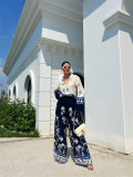 Bohemian Print Loose Long-Sleeve Top & Wide-Leg Pants Two-Piece Set
