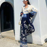 Bohemian Print Loose Long-Sleeve Top & Wide-Leg Pants Two-Piece Set