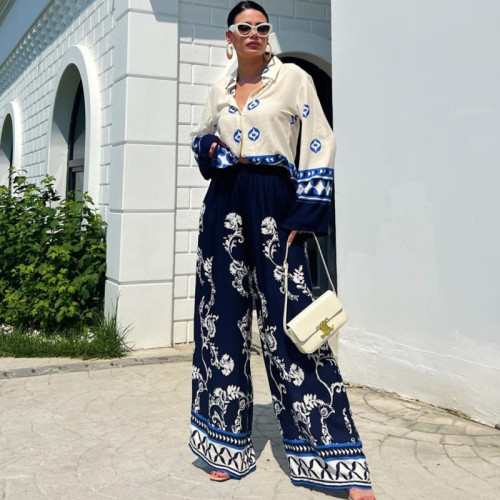 Bohemian Print Loose Long-Sleeve Top & Wide-Leg Pants Two-Piece Set
