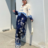 Bohemian Print Loose Long-Sleeve Top & Wide-Leg Pants Two-Piece Set