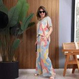 Colorful Print Loose Short-Sleeve Top & Wide-Leg Pants Two-Piece Set