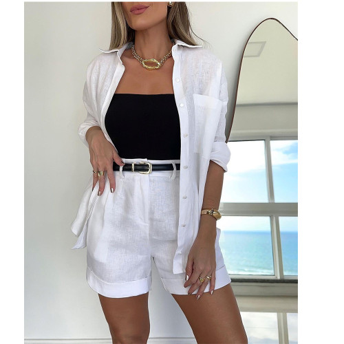 Solid Color Casual Long-Sleeve Shirt & Belt Shorts Set for Women