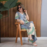 Colorful Print Loose Short-Sleeve Top & Wide-Leg Pants Two-Piece Set