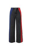 Color-Block Striped Contrast Denim Jeans with High Waist and Straight Fi