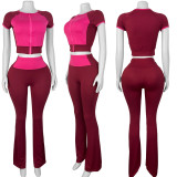 IHOOV Color-Block Contrast Crew Neck Short Sleeve & High-Waisted Flared Two-Piece Set