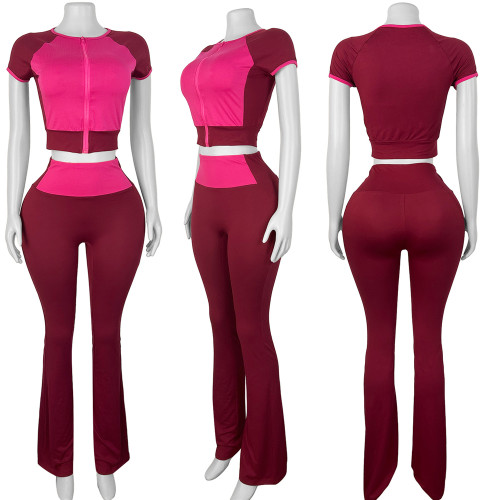IHOOV Color-Block Contrast Crew Neck Short Sleeve & High-Waisted Flared Two-Piece Set