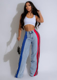 Color-Block Striped Contrast Denim Jeans with High Waist and Straight Fi