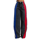 Color-Block Striped Contrast Denim Jeans with High Waist and Straight Fi