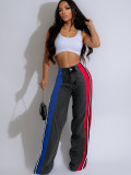 Color-Block Striped Contrast Denim Jeans with High Waist and Straight Fi
