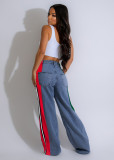 Color-Block Striped Contrast Denim Jeans with High Waist and Straight Fi