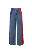 Color-Block Striped Contrast Denim Jeans with High Waist and Straight Fi