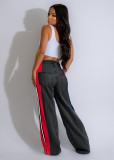 Color-Block Striped Contrast Denim Jeans with High Waist and Straight Fi