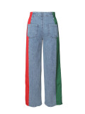 Color-Block Striped Contrast Denim Jeans with High Waist and Straight Fi