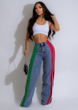 Color-Block Striped Contrast Denim Jeans with High Waist and Straight Fi