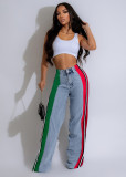 Color-Block Striped Contrast Denim Jeans with High Waist and Straight Fi