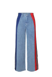 Color-Block Striped Contrast Denim Jeans with High Waist and Straight Fi