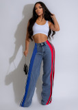 Color-Block Striped Contrast Denim Jeans with High Waist and Straight Fi