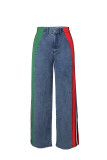 Color-Block Striped Contrast Denim Jeans with High Waist and Straight Fi