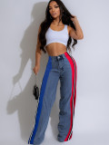 Color-Block Striped Contrast Denim Jeans with High Waist and Straight Fi