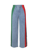 Color-Block Striped Contrast Denim Jeans with High Waist and Straight Fi