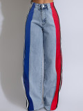Color-Block Striped Contrast Denim Jeans with High Waist and Straight Fi