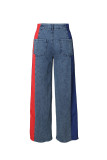 Color-Block Striped Contrast Denim Jeans with High Waist and Straight Fi
