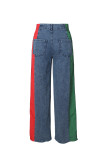 Color-Block Striped Contrast Denim Jeans with High Waist and Straight Fi