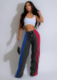 Color-Block Striped Contrast Denim Jeans with High Waist and Straight Fi
