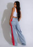 Color-Block Striped Contrast Denim Jeans with High Waist and Straight Fi