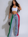 Color-Block Striped Contrast Denim Jeans with High Waist and Straight Fi