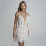 Backless Party Dress with Deep V-Neck and Feather Accents