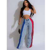Color-Block Striped Contrast Denim Jeans with High Waist and Straight Fi