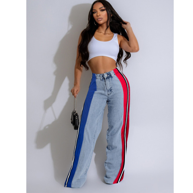 Color-Block Striped Contrast Denim Jeans with High Waist and Straight Fi